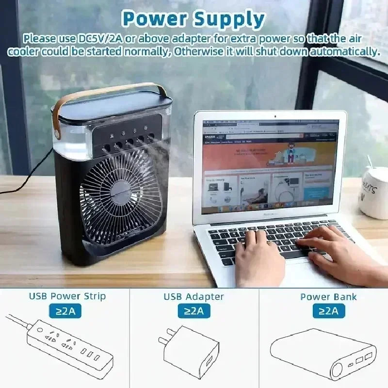 3-in-1 Mini Luftkühler mit USB – Ventilator, Luftbefeuchter & LED – leise & mobil
