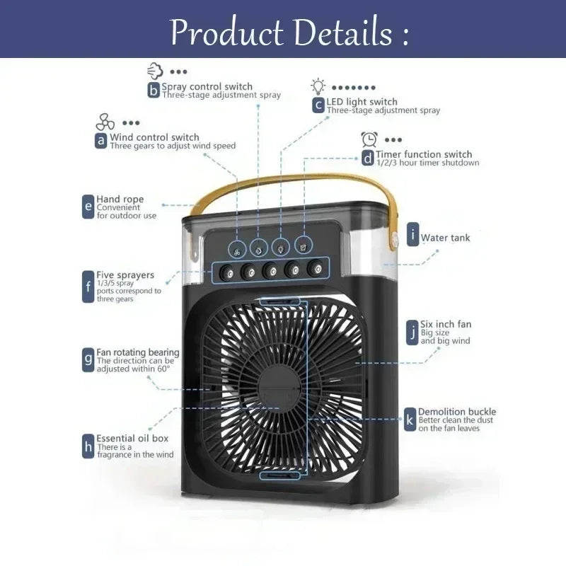 3-in-1 Mini Luftkühler mit USB – Ventilator, Luftbefeuchter & LED – leise & mobil